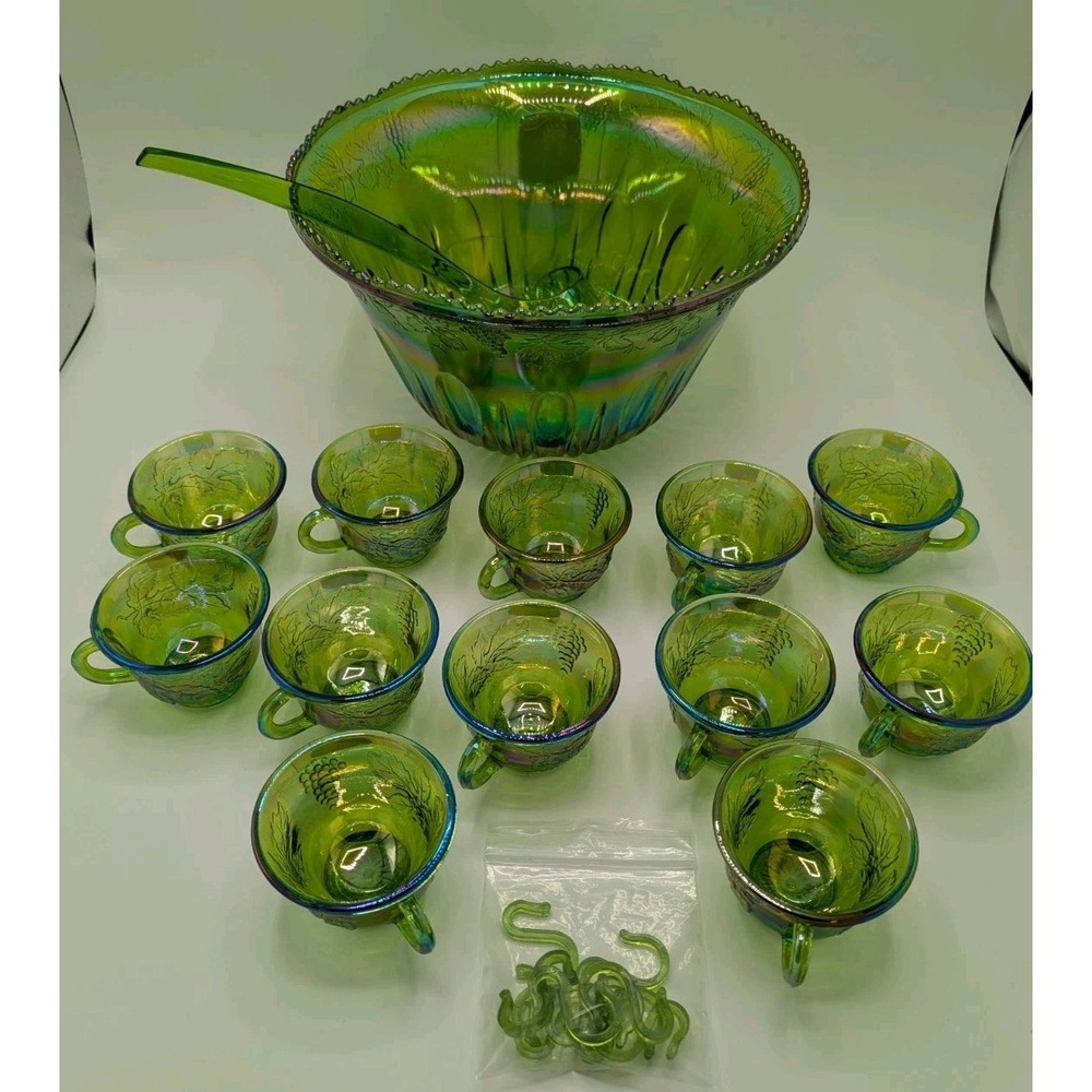 Vintage Indiana Carnival Glass Iridescent Green Punch Bowl Set With 12 Cups